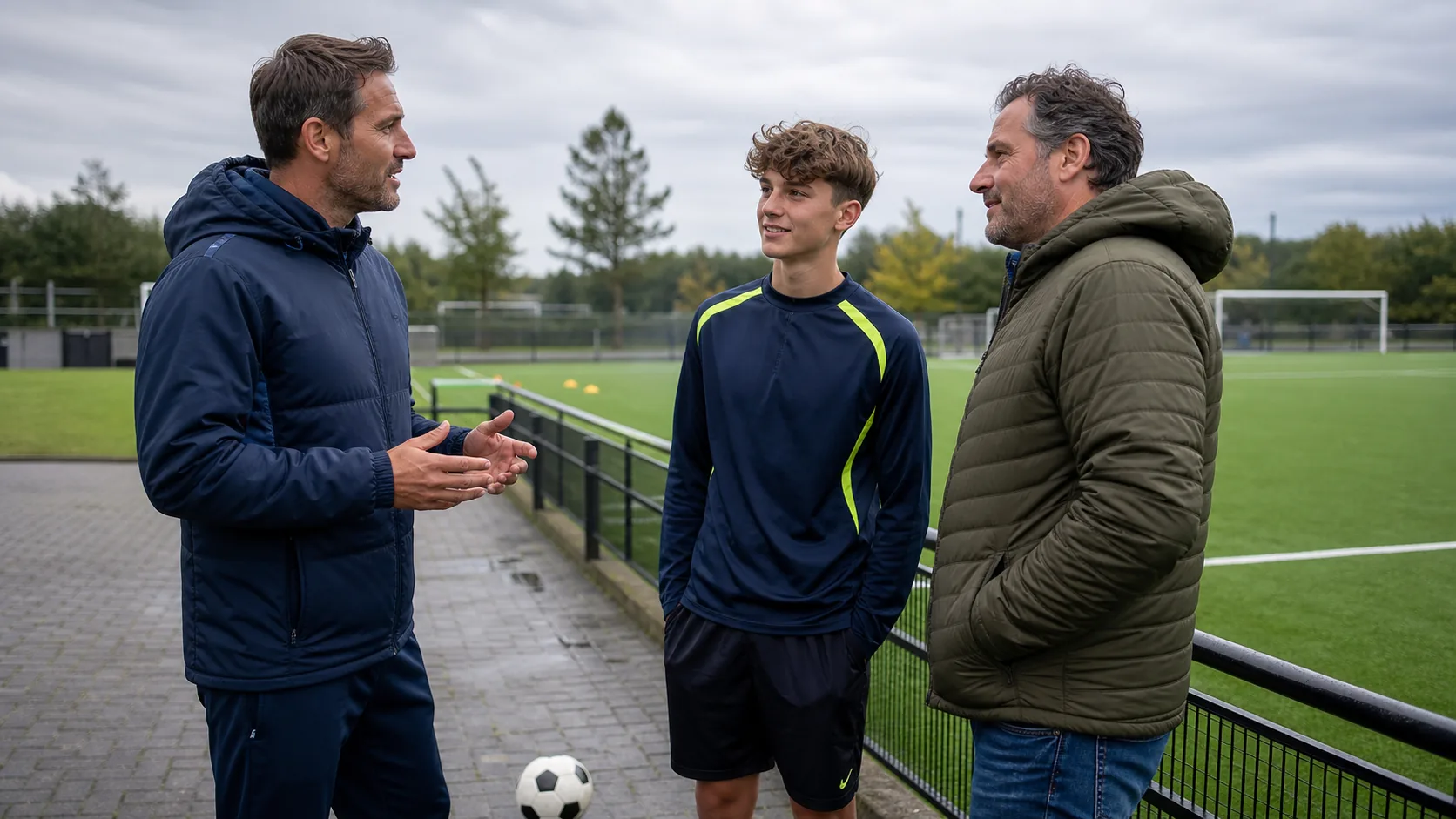 Speler en ouder voeren langs het voetbalveld een kennismakingsgesprek met een trainer