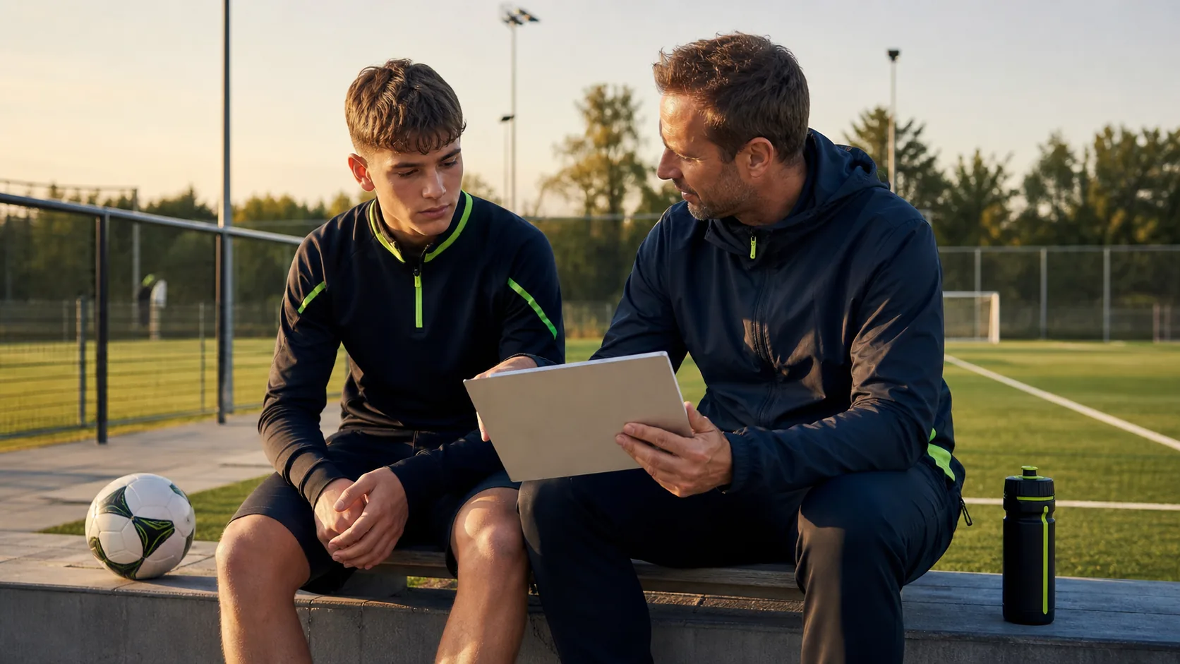 Trainer en jonge voetballer bespreken samen een verantwoord trainingsschema