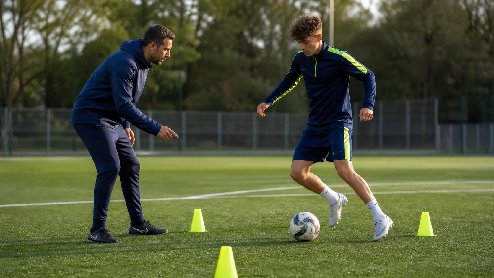 Voetbaltrainer begeleidt een speler tijdens een individuele balbeheersingsoefening